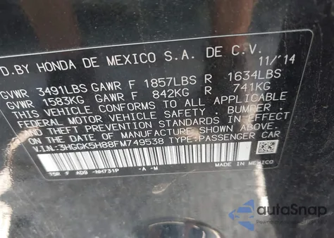 2015 Honda Fit Ex/Ex-L из США, поврежденный, VIN 3HGGK5H88FM749538